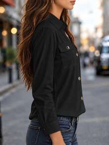 New Fashion All-Season Women's Long Sleeve Button-Up Shirt With Decorative Pockets, Black - Black - View 3