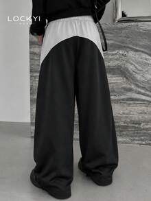 1pc Men's American High Street Style Creative Colorblock Wide Leg Loose Casual Long Pants - Black - View 2