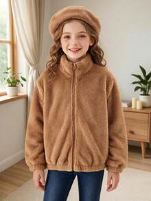 Tween Girls Autumn/Winter Stand Collar Plush Zip-Up Cardigan With Matching Beret Casual Jacket - Brown - View 2