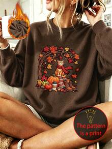 Sweater Rajut Imitasi Kasual Retro Ukuran Plus Wanita dengan Leher Bulat dan Gambar Kucing Lucu, , dan Pohon Maple - Sempurna untuk Busana Musim Gugur. - Coklat - View 5