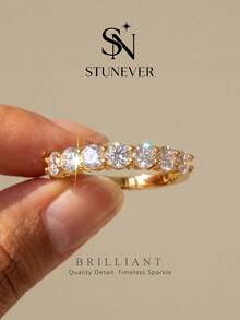 1 buah Cincin Moissanite, 7 Batu Bertatahkan, Berlapis Emas, Perhiasan Hadiah Pertunangan, Pernikahan, dan Ulang Tahun yang Elegan - Emas - View 6
