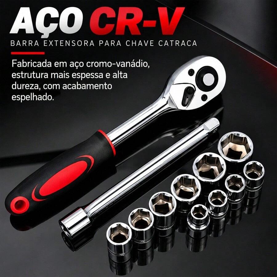 Chave Catraca Sextavada 12 Peças 1/4 Jogo Soquete De 04 Mm À 13 Mm Com Extensor - Padrão - Visão 1