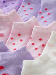 10 Pairs Baby Heart Polka Dot Boat Socks, Cute Soft Solid Color Socks Suitable For Infants And Toddlers Daily Wear - Mauve Purple - View 2
