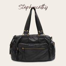 STEPHIECATHY Solid Color Washed Soft PU Faux Leather, Zipper Closure, Multi-Pocket Design, Dual Short Shoulder Straps, Adjustable Waist Belt, Unisex, Retro Casual Practical, Suitable For School & Daily Commute - Black - View 2