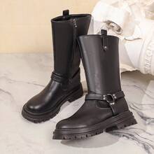 2026 Women's Boots Fashion Versatile Round Toe Thick Sole High-Top Mid-Calf Boots With Buckle And Pleated Design - Black - View 7