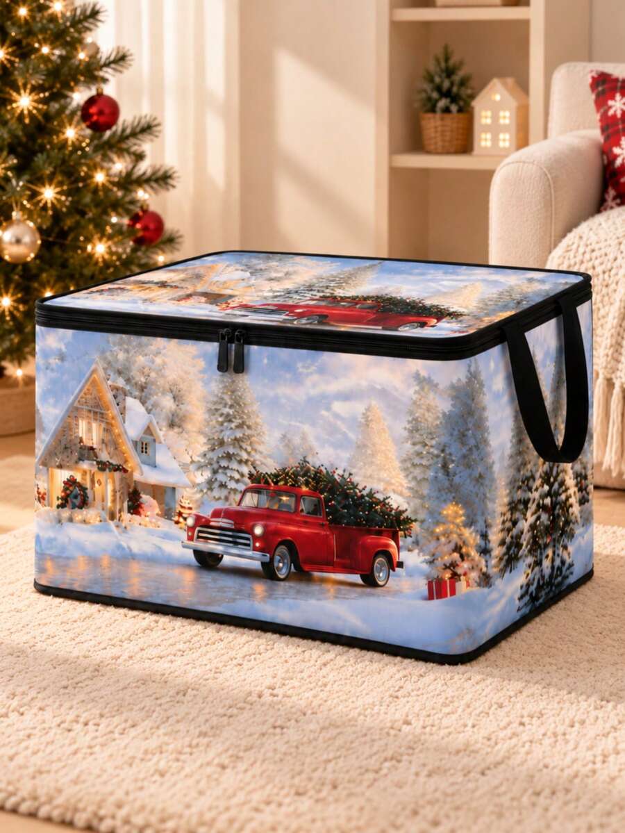 Christmas Foldable Storage Box With Zipper Lid, Collapsible Zipper Storage Bin With Lid And Handles, Large Capacity Clothing And Bedding Organizer Box With Handles, Christmas Tree And Red Truck Pattern Blanket Storage Box - Multicolor - View 1