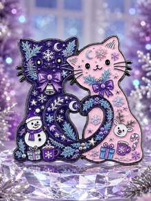 Christmas Theme Double Cat Design Brooch, Cute Snowflake Snowman Reindeer Gift Box Decorative Accessory, Holiday Outfit Backpack Coat Decoration Brooch Gift - A - View 7
