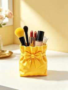 Cute Bow Decor Makeup Brush Holder, PU Leather Drawstring Bag Style Cosmetic Storage Cup, Desktop Vanity Organizer Box, Suitable For Lipstick, Eyebrow Pencil, Women's Makeup Table Decor Gift - Multicolor - View 5