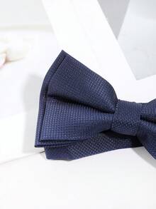 1Pc Men Navy Grid Textured Double Layer Pre-Tied Bow Tie Classic Formal For Wedding Business Party Tuxedo - Multicolor - View 4