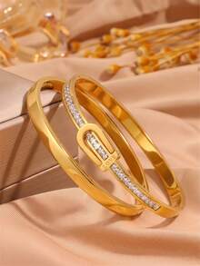 2pcsGolden Tone Stainless Steel Bangle, Simple & Clean - Gold - View 3