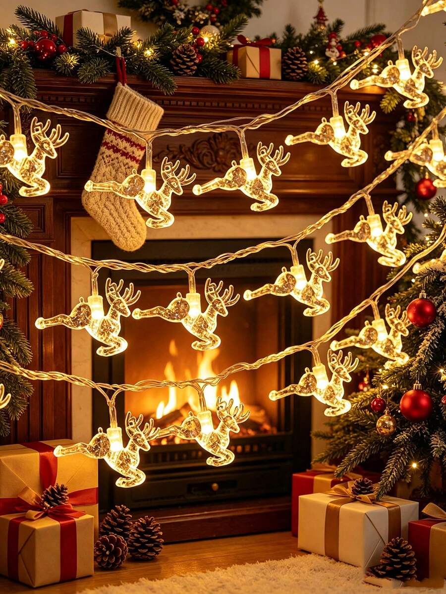 Christmas LED Reindeer String Lights, Suitable For Christmas Tree, New Year, Curtain, Indoor, Party, Bedroom Decoration, Battery Box Powered (Batteries Not Included), New Year Gift, Christmas Decoration Atmosphere Light