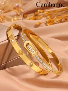 2pcs European And American Style Stainless Steel Plated 18K Gold Bracelet With Multiple Patterns To Choose From, Not Easy To Fade Women's Bracelet - Gold - View 8