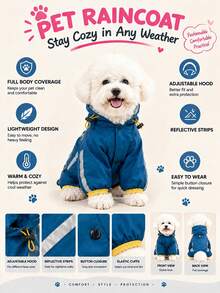 Lightweight Polyester Dog Raincoat With Reflective Strips, Covers Four Limbs, Solid Blue, Waterproof Pet Jacket Raincoat, Suitable For Small Teddy Dogs And Large Dogs For Autumn And Year-Round Wear (Not Suitable For Extra Large Dog Breeds) - Blue - View 6