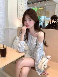 Design Lace Trim One Shoulder Fitted Cover-Up Top Women Autumn New Style Lazy Korean Striped Long Sleeve T-Shirt - Blue and White - View 1