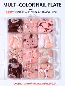 288pcs Short Oval Striped Bow Polka Dot Heart French Press-On Nails, Easy To Wear And Remove, Suitable For Daily Use And Valentine's Day - Multicolor - View 6