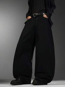 Men's Cool American Wide Leg Jeans, Textured Rhinestone Details, Loose Comfy Versatile All-Season Casual Pants (No Belt & Accessories Included) - Black - View 7