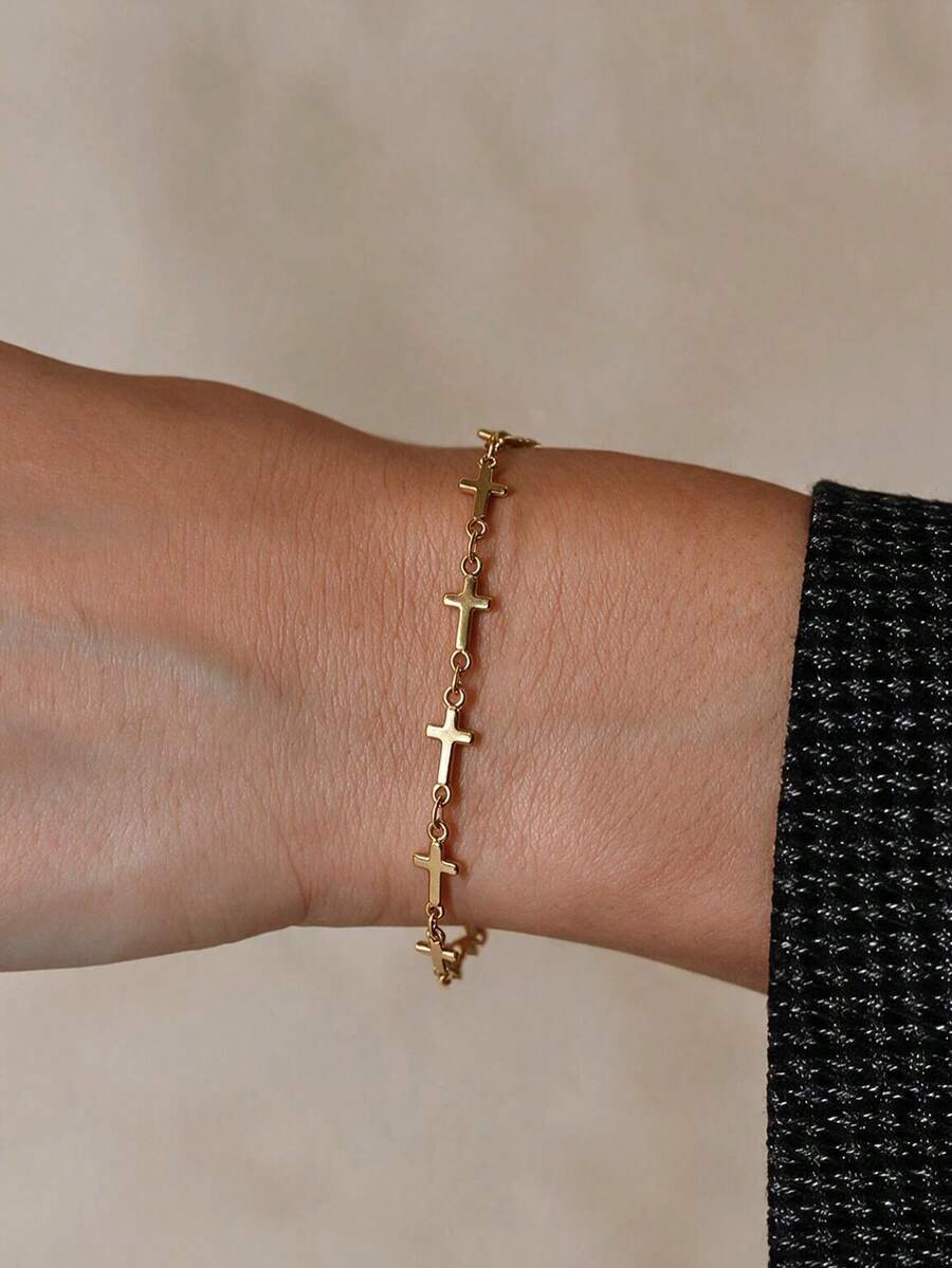 1pc 18K Gold Plated Waterproof Stainless Steel Exquisite Elegant Cross Chain Bracelet Chain Bracelet For Woman For Daily Wear - Bracelet - View 1
