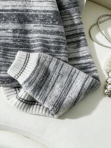 Autumn/Winter Contrast Color Striped Crew Neck Knit Sweater, Relaxed Daily Inner/Outer Layering Piece, Mixed Yarn Textured Soft Breathable Fabric, Fitted Drop Shoulder Cut Concealing Body Shape And Slimming, Horizontal Stripes With Rich Layered Visuals - Grey - View 10