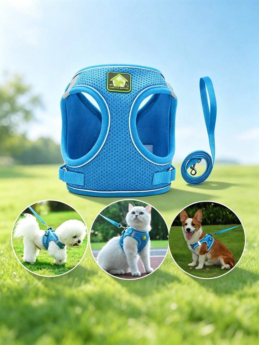 Pet Harness And Leash Set, All-Season Soft Mesh Breathable Reflective Adjustable Walking Vest, Suitable For Cats And Small Dogs Outdoor Walking