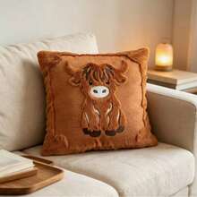 Highland Cow Plush Pillow Cover, Cute Cartoon Animal Applique Cushion Cover 18*18 Inch, Soft Furry Decorative Throw Pillowcase, No Insert - Brown - View 7