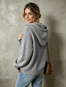 Women's Solid Color Hooded Drop Shoulder Long Sleeve Loose Knit Pullover, Front Pocket, Rhinestone Decor, Autumn/Winter Daily Versatile Top - Grey - View 3