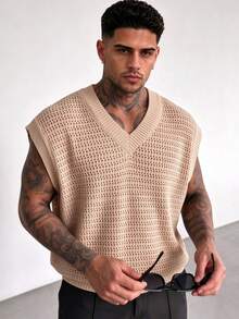 ZYNTH BALENO Men's Summer Ribbed V-Neck Knit Vest Short Sleeve, Suitable For Summer Business Gatherings, Minimalist Versatile, Essential For Summer Sports - Apricot - View 1