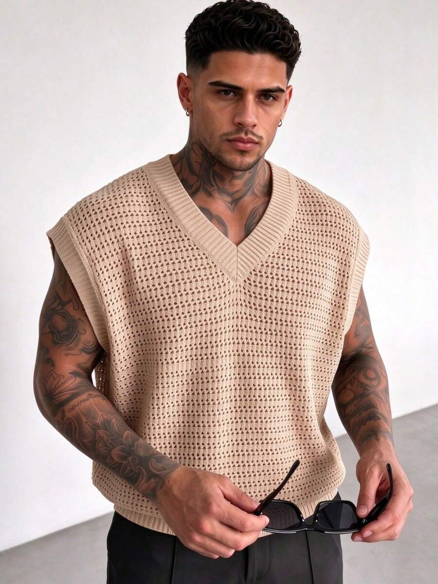 ZYNTH BALENO Men's Summer Ribbed V-Neck Knit Vest Short Sleeve, Suitable For Summer Business Gatherings, Minimalist Versatile, Essential For Summer Sports - Apricot - View 1