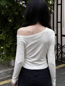 Solid Color Rhinestone Embellished Asymmetrical Shoulder Long Sleeve T-Shirt For Women, Autumn Design - White - View 6