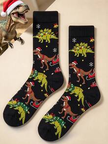 1 Pair Men's Mid-Calf Socks, Christmas Dinosaur Sleigh Snowflake Pattern, Soft & Warm Autumn/Winter Style, Halloween/Christmas Unisex Gift - Multicolor - View 1
