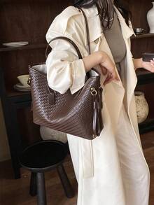 女款托特手提包，編織紋理圖案，人造皮革，可拆卸側肩帶與皮革吊牌，大容量，復古優雅風格，適合工作與日常通勤 - 咖啡 - 查看 3