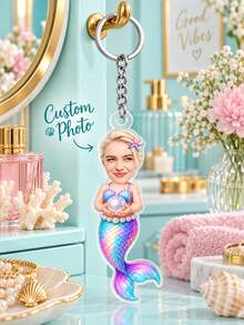 1pc Custom Photo Mermaid Acrylic Keychain, Personalized Face Cartoon Mermaid Body Key Chain, Girls Birthday Gift, Mermaid Lover Novelty Keepsake,Ocean Fantasy Accessory,Ocean Theme Present - Multicolor - View 3