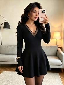 Chic Knitted Mini Dress For Women, Featuring A V-Neck With Sheer Mesh, Long Sleeves, And A Flattering A-Line Silhouette For Fall Fashion - Black - View 3