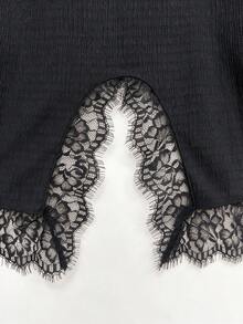 2026 Solid Color Knit Fabric Lace Patchwork Split Hem Regular T-Shirt, College Daily Office Home Spring Summer - Black - View 4