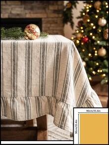 1pc Grey And White Classic Fine Striped Tablecloth, Traditional Country Style Rectangular With Scalloped Edge And Pleated Details, Stain-Resistant Protective Table Cover, Functional Home Long Tablecloth Suitable For Christmas Family Gatherings And Winter Holiday Dining Room Decor - Grey - View 10