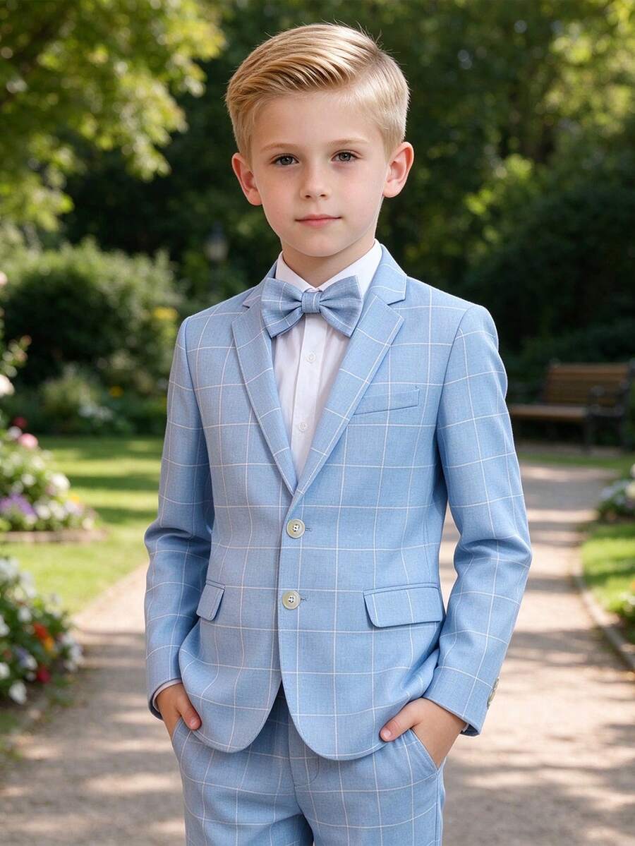 3pcs Young Boy Plaid Suit Set - Blazer, Pants, Bowtie - For Formal Occasions Such As Wedding, Performance, School - Fall Season - Blue - View 1