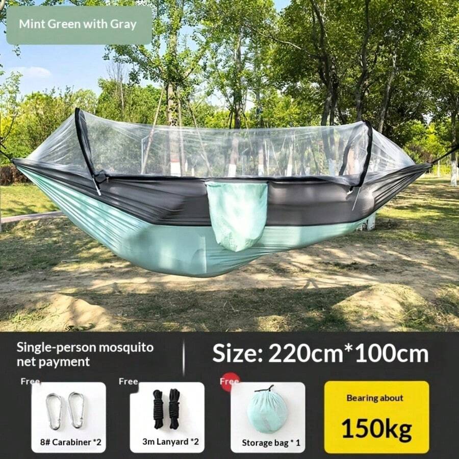1 Set Automatic Pop-Up Double Hammock With Mosquito Net, Portable Camping Swing Bed With 2 Carabiners And 2 Straps, Weight-Bearing - Mint Green - View 1