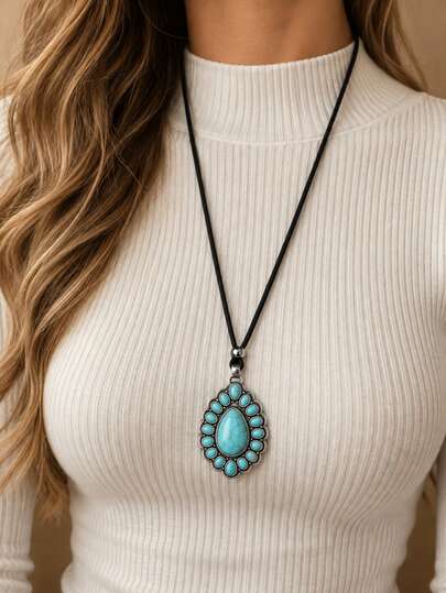 GARMEND 1 dây chuyền dài nữ phong cách Western bằng dây da, mặt dây chuyền giả ngọc lam hình giọt nước màu bạc giả cổ, kiểu vòng cổ xương quai xanh