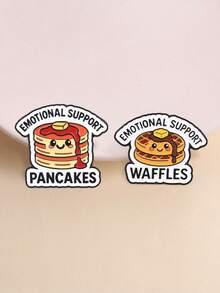 2pcs Cute "EmotionalSupport" Food Enamel Pin, Cartoon Waffle Pancake Badge, Fashion Clothes Bags Accessory, Gift For Dessert Lovers - Multicolor - View 2