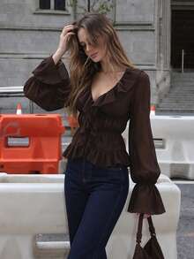 Aflion Women's Summer Autumn Deep Brown Ruffle V-Neck Short Chiffon Blouse, Flared Long Sleeve Front Tie Waist Blouse - Brown - View 3
