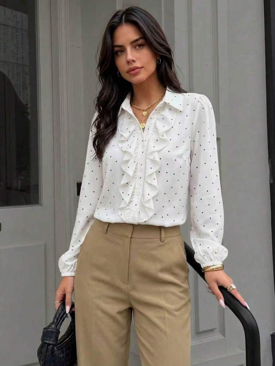Women's White Polka Dot Ruffle Long Sleeve Shirt Fashion Polyester Regular Fit Blouse - White - View 1