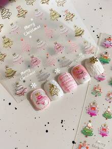 1 Lembar Stiker Kuku Seni Garis Pohon Natal Foil Emas, Stiker Kuku Musim Gugur Perekat Diri yang Halus & Manis - MultiWarna - View 3