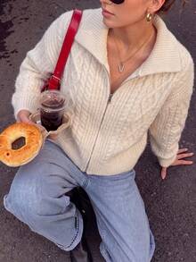 Autumn Oversized Lapel Zipper Textured Cardigan, Thanksgiving Weekend Party Daily Date Casual Outing Outfit - White - View 4
