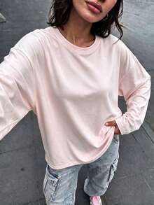 Women's Solid Color Round Neck Long Sleeve T-Shirt, Casual Autumn Regular Fit Top - Pink - View 2