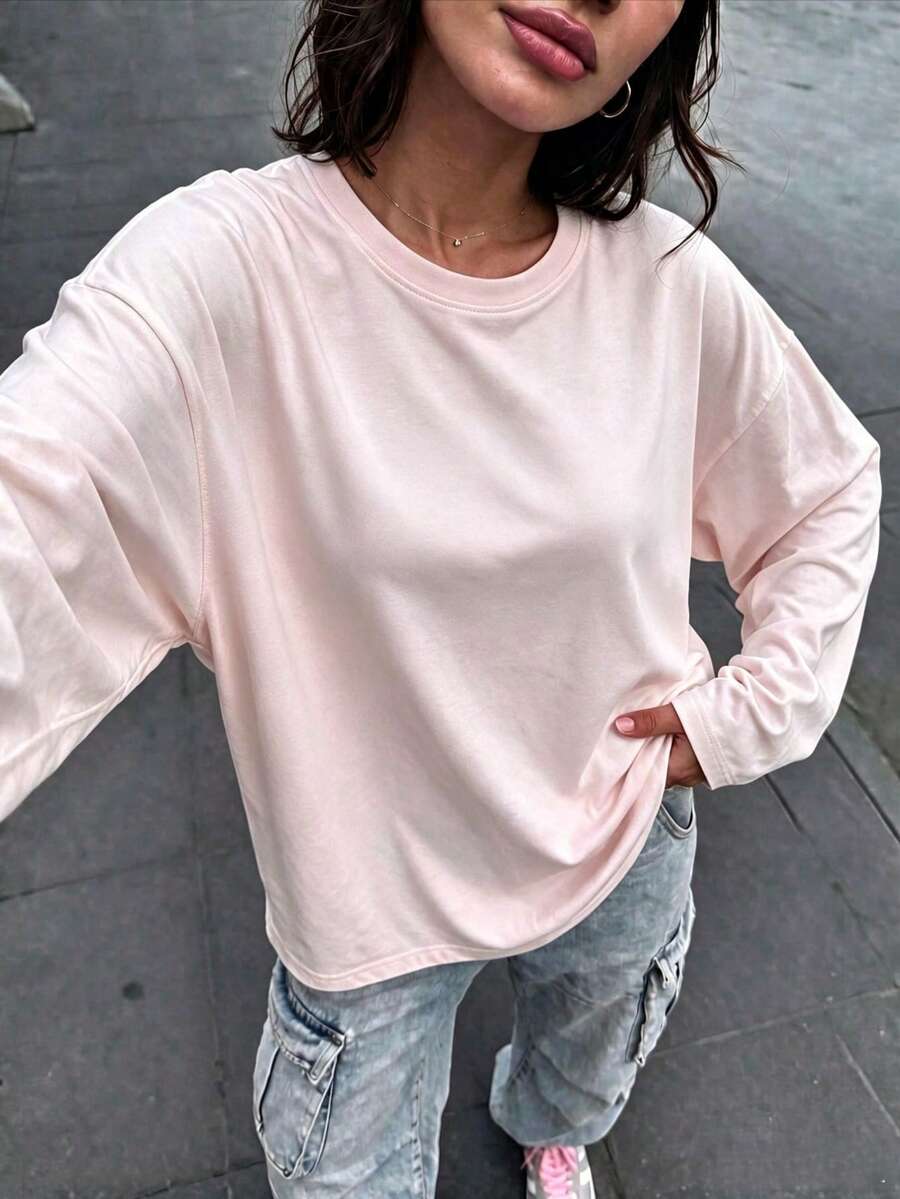 Women's Solid Color Round Neck Long Sleeve T-Shirt, Casual Autumn Regular Fit Top
