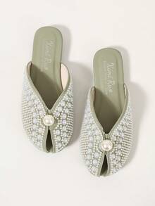 Ximi Ruo Women's Peep-Toe Slide Sandals Spring New Fashion Outdoor Flat Rhinestone Closed Toe Slippers Slouchy Mule Shoes Internet Celebrity Closed Toe Slippers Women's Shoes Outdoor Spring Summer New Fashion Pointed Toe Chunky Heel Mule Shoes Rhinestone - Green - View 7