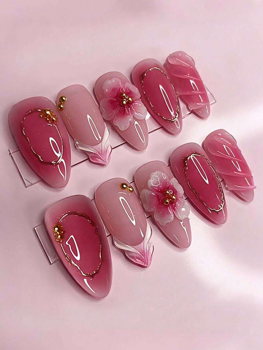 10pcs French Gradient Pink Acrylic Press-On Nails, Medium Almond Shape, 3D Flower Gold Line Water Ripple Rhinestone Design, Fashion Y2K Style, Glossy Full Coverage Fake Nails For Women And Girls Daily Wear