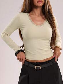 Women's Solid Color V-Neck Long Sleeve Slim Fit Cropped T-Shirt, Suitable For Spring, Autumn And Summer - Apricot - View 4