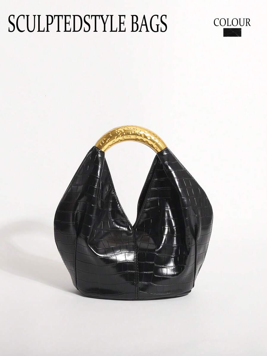 1pc Black Stone Pattern Embossed PU Ruffled Design Vintage Metal Hardware Handbag, Exquisite Fashion Zipper Bucket Bag, Suitable For Commuting And Shopping - Black - View 1