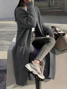 NZZOF Cardigan Rajut Panjang Lengan Panjang Polos Kasual Wanita dengan Bahu Longgar untuk Musim Gugur/Dingin - Grey - View 4