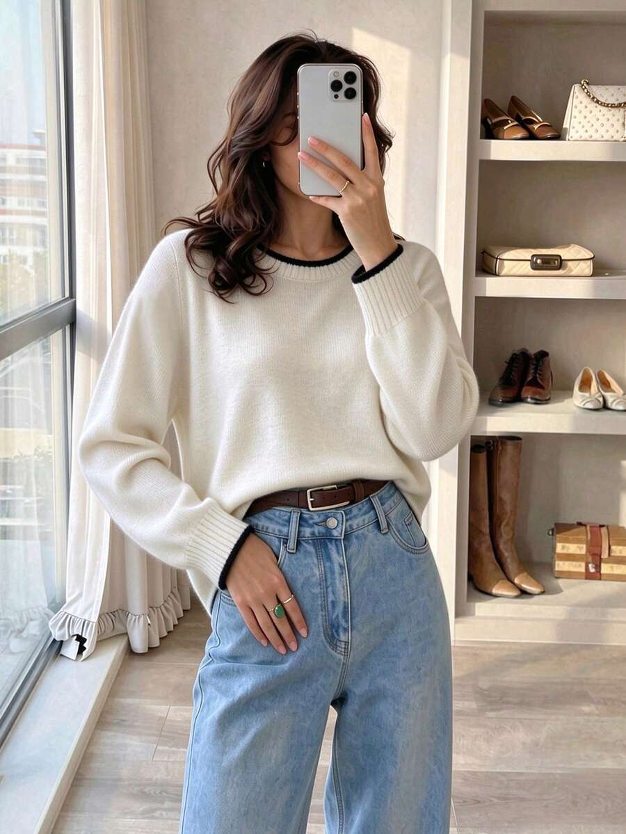 LOVE JOYY Women's Spring/Autumn Beige & Black Contrast Trim Crew Neck Knit Sweater, Slim Fit Long Sleeve All-Match Versatile Layering Pullover Top - White - View 1